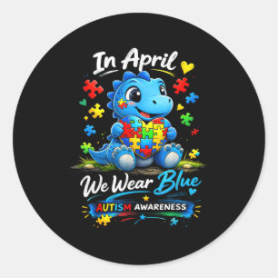 Pegatina Redonda En abril usamos azul dinosaurio de conciencia del