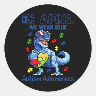 Pegatina Redonda En Abril Usamos El Autismo Azul Conciencia Dinosau