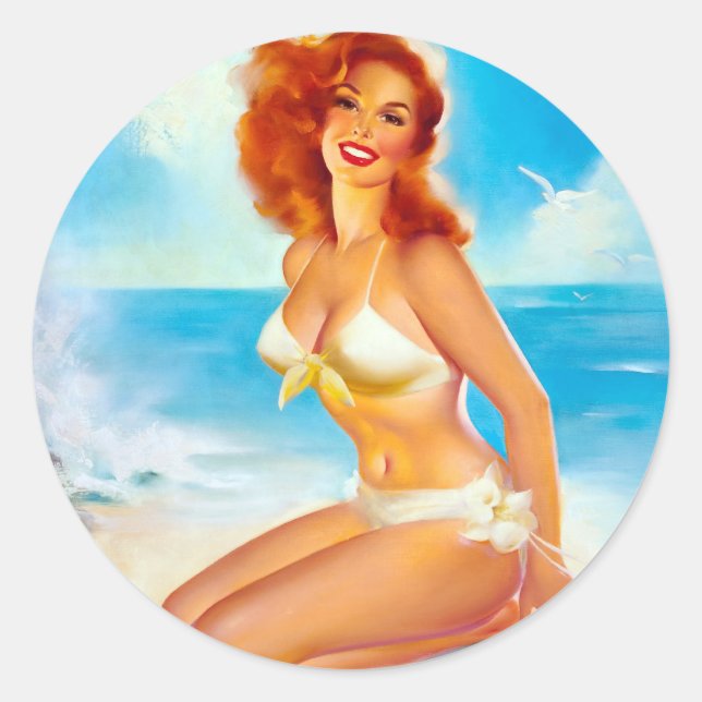 Pegatina Redonda En el Beach Pin Up (Anverso)