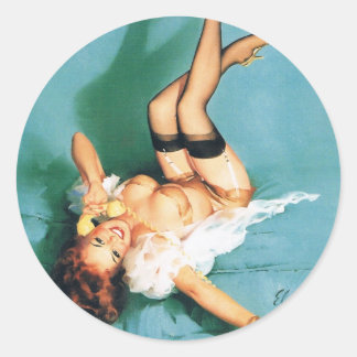 Pegatina Redonda En el teléfono - Chica Pin Up Vintage