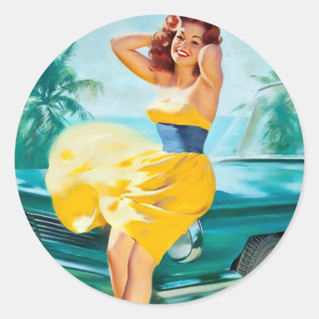 Pegatina Redonda En el Vestido Amarillo Pin Up (Anverso)