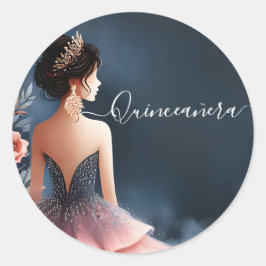 Pegatina Redonda En Glam Ball Gown Spark Dark Navy Quinceanera Azul