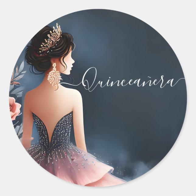 Pegatina Redonda En Glam Ball Gown Spark Dark Navy Quinceanera Azul (Anverso)
