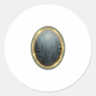Pegatina Redonda En la niebla — bosque de pinos sombrío