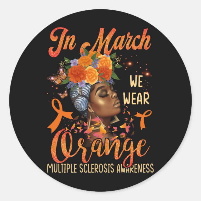 Pegatina Redonda En Marzo Usamos Esclerosis Múltiple Naranja Afro B (Anverso)