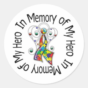 Pegatina Redonda En memoria de mi héroe autismo, alas ángel