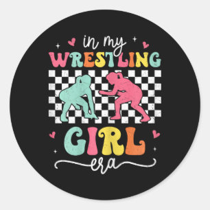Pegatina Redonda En mi época de lucha Chica, Groovy retro lucha org