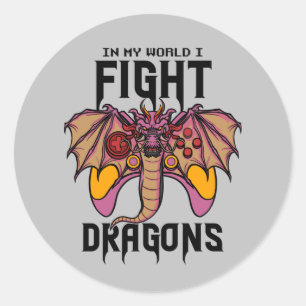 Pegatina Redonda En mi mundo lucho contra los dragones