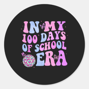 Pegatina Redonda En mis 100 días de escuela, retro disco 100 días