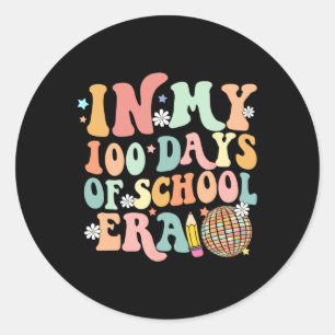 Pegatina Redonda En mis 100 días de escuela, retro disco 100 días