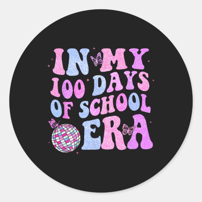 Pegatina Redonda En mis 100 días de escuela, retro disco 100 días (Anverso)