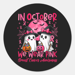Pegatina Redonda En Octubre Fantasma de Rosa Conciencia del Cáncer