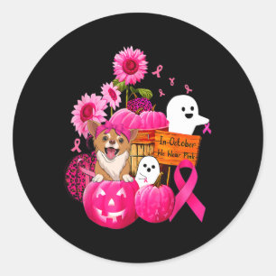 Pegatina Redonda En Octubre, Usamos Cance De Perro Chihuahua Rosa