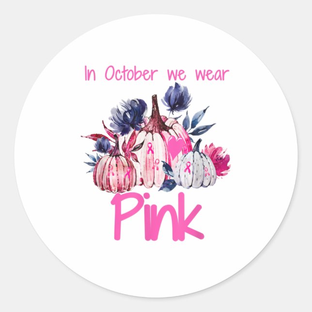 Pegatina Redonda En Octubre Usamos Cance De Pescado De Calabaza Ros (Anverso)