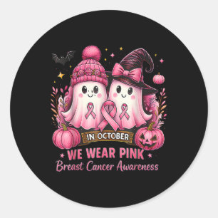 Pegatina Redonda En Octubre Usamos Cáncer De Mama De Bruja Rosa