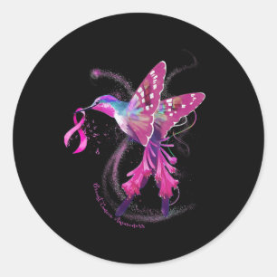 Pegatina Redonda En Octubre Usamos Cáncer De Mama De Colibrí Rosa
