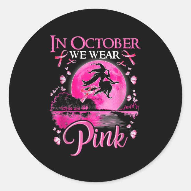 Pegatina Redonda En Octubre Usamos Cinta Rosa Bruja Halloween Bre (Anverso)