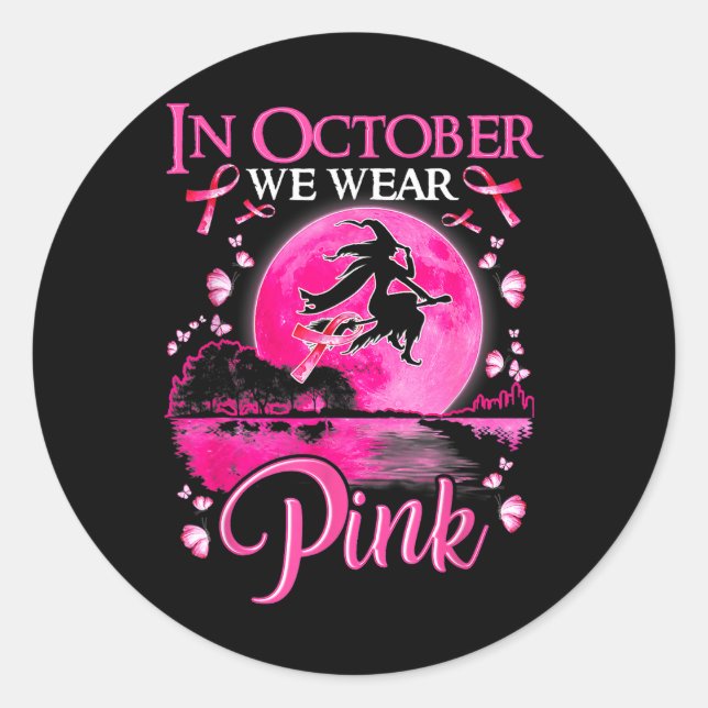 Pegatina Redonda En Octubre Usamos Cinta Rosa Bruja Halloween Bre (Anverso)
