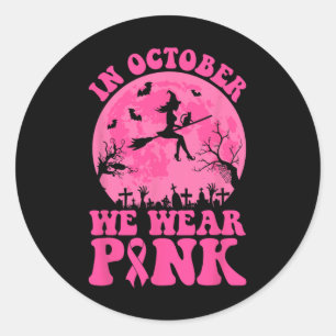 Pegatina Redonda En Octubre Usamos Cinta Rosa Bruja Halloween Bre