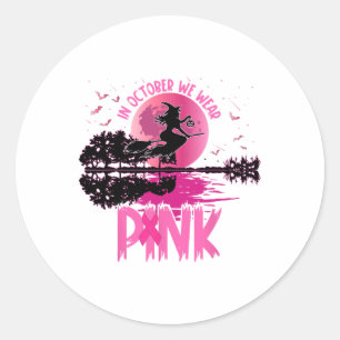 Pegatina Redonda En Octubre Usamos Cinta Rosa Bruja Halloween Bre