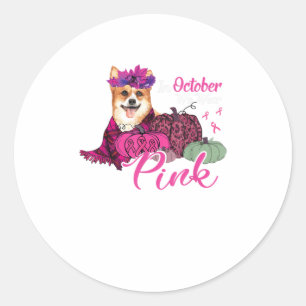 Pegatina Redonda En Octubre Usamos Cinta Rosa Corgi Dog Bre