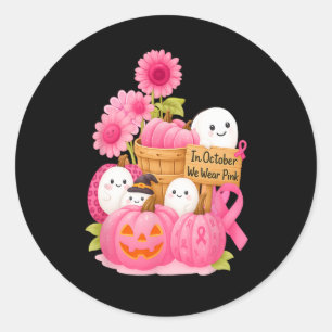 Pegatina Redonda En Octubre Usamos Fantasmas Y Calabazas Rosa Para