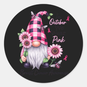 Pegatina Redonda En Octubre Usamos Gnome Rosado Para El Cáncer De M