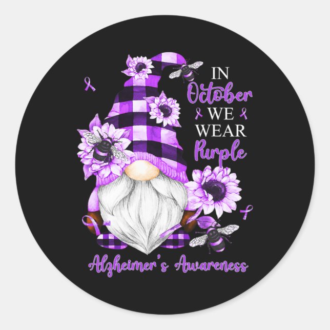 Pegatina Redonda En Octubre Usamos Gnomes Púrpura Alzheimer Awarene (Anverso)