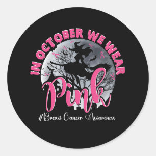 Pegatina Redonda En Octubre, Usamos Lazo Rosa Halloween Bruja