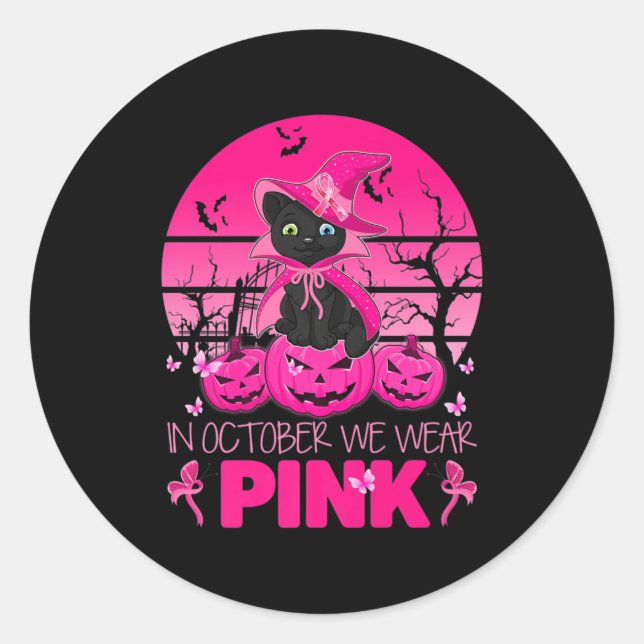 Pegatina Redonda En Octubre, Usamos Un Gato Rosa Corto De Halloween (Anverso)
