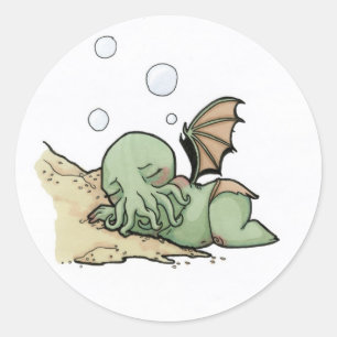 Pegatina Redonda En su casa en R'lyeh Cthulhu muerto espera el
