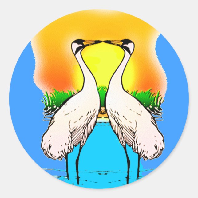 Pegatina Redonda Enamorándose de las grullas (Anverso)