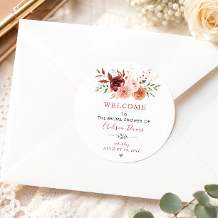Pegatina Redonda Enamorándose Rústico Floral Burgundy Personalizado