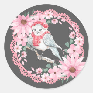 Pegatina Redonda Encaje Antiguo Santa Pájaros