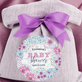 Pegatina Redonda Encantador Baby Shower de flores de pradera bohemi