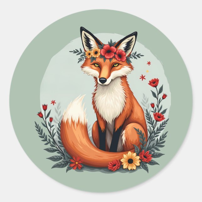 Pegatina Redonda Encantador Floral Fox Woodland Folk Art (Anverso)