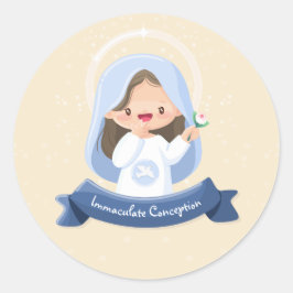 Pegatina Redonda Encantadora Virgen María Kawaii con Flor - Beige