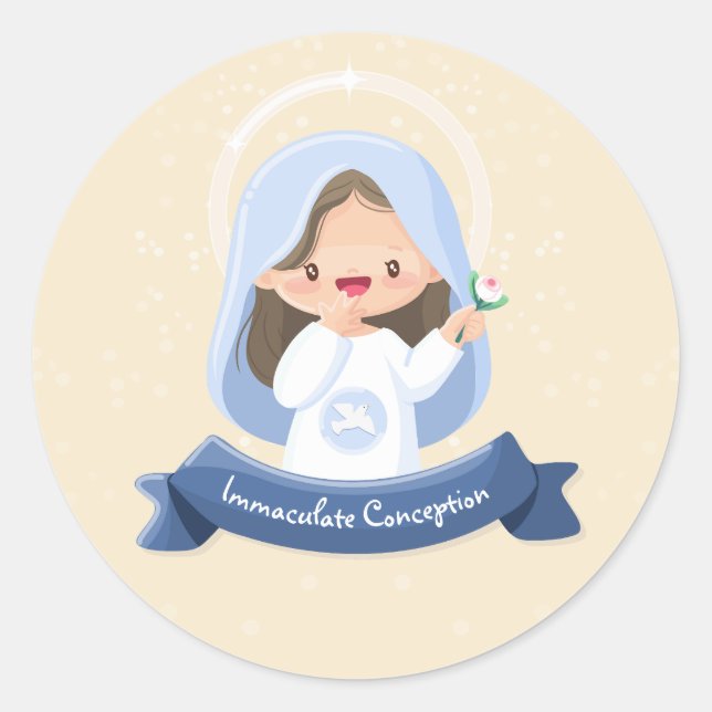 Pegatina Redonda Encantadora Virgen María Kawaii con Flor - Beige (Anverso)
