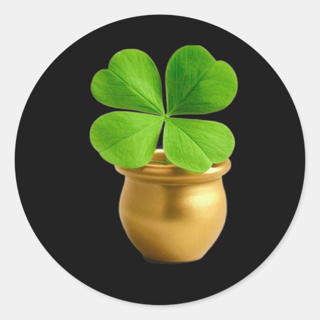 Pegatina Redonda Encanto Afortunado Golden Pot Con Clover St. (Anverso)