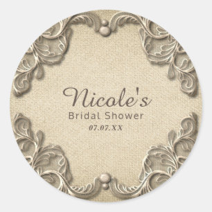 Pegatina Redonda Encanto Sureño Vintage Elegante Boda de Arpillera 