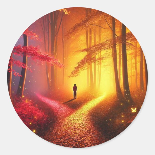 Pegatina Redonda Enchanted Crossroads – Vibrant Autumn Forest Art P (Anverso)