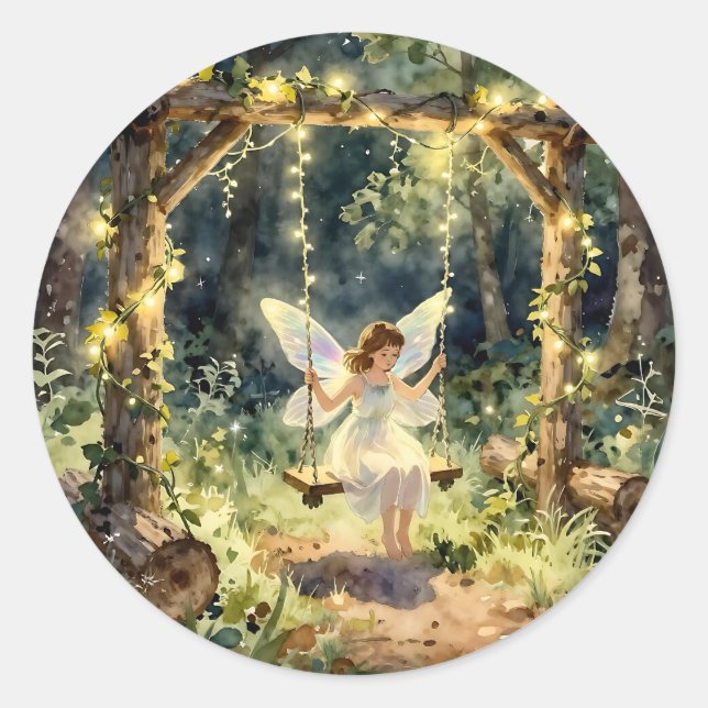 Pegatina Redonda Enchanted Fairy on a Swing in a Magical Forest (Anverso)