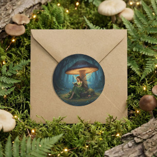 Pegatina Redonda Enchanted Night Fairy Reading a Book
