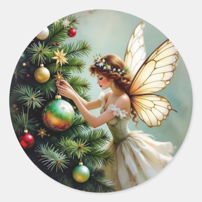 Pegatina Redonda Enchanted Vintage Fairy Christmas (Anverso)