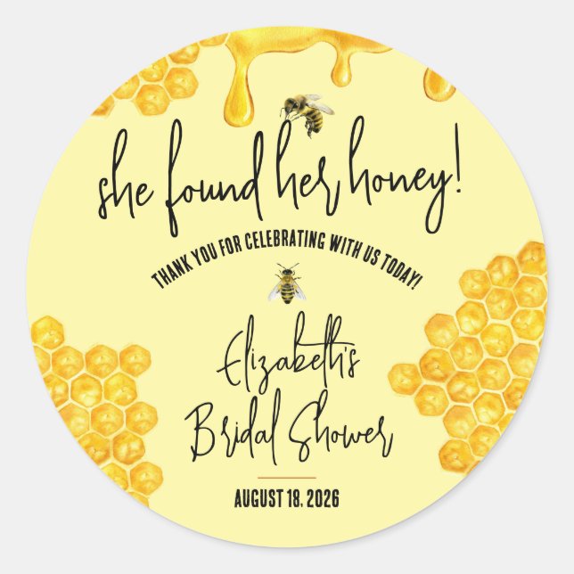 Pegatina Redonda ¡Encontró Su Miel! Honeybee Bridal Favor (Anverso)