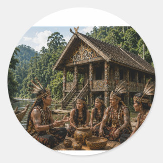 PEGATINA REDONDA ENCUENTRO TRIBAL DAYAK EN EL LARGHERO TRADICIONAL