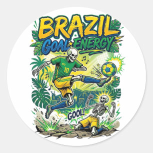 Pegatina Redonda Energía de Gol de Brasil Esqueleto Delantero Nacio