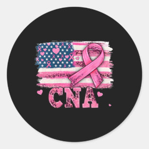Pegatina Redonda Enfermera Bandera Estadounidense Cinta rosa Cáncer