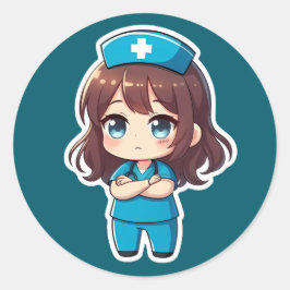 Pegatina Redonda Enfermera Chibi Original - Calma Profesional