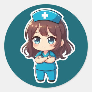Pegatina Redonda Enfermera Chibi Original - Calma Profesional